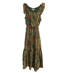 Le Ragazze Italy Silk Blend Floral Ruffle Maxi Dress Green M Boho cottagecore